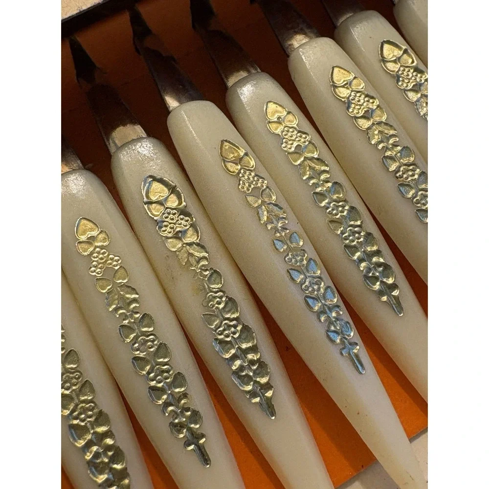 12 Little Cocktail Forks Mini Stainless Steel MCM Gold Embellished Handles